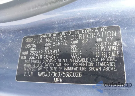 2007 Kia Sorento Lx z USA, uszkodzony, nr VIN KNDJD736375681026